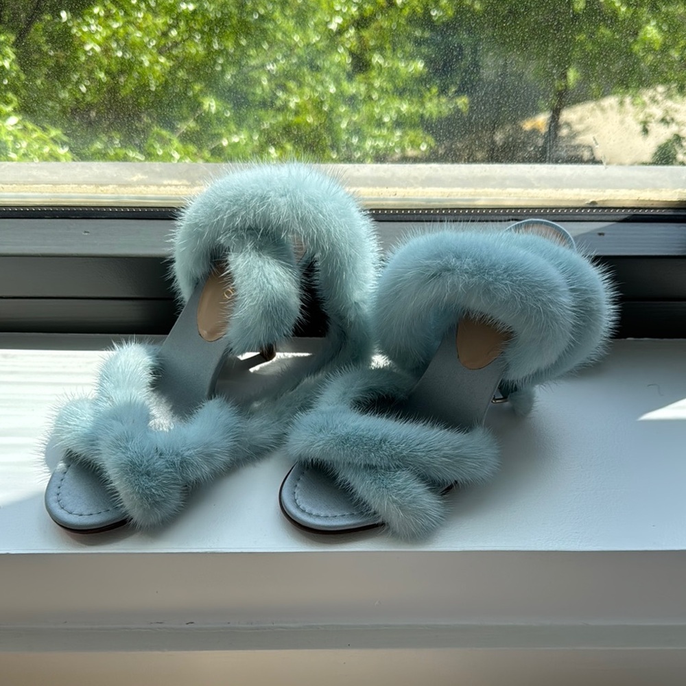 Valentino Elegant Blue Fur Strap heels